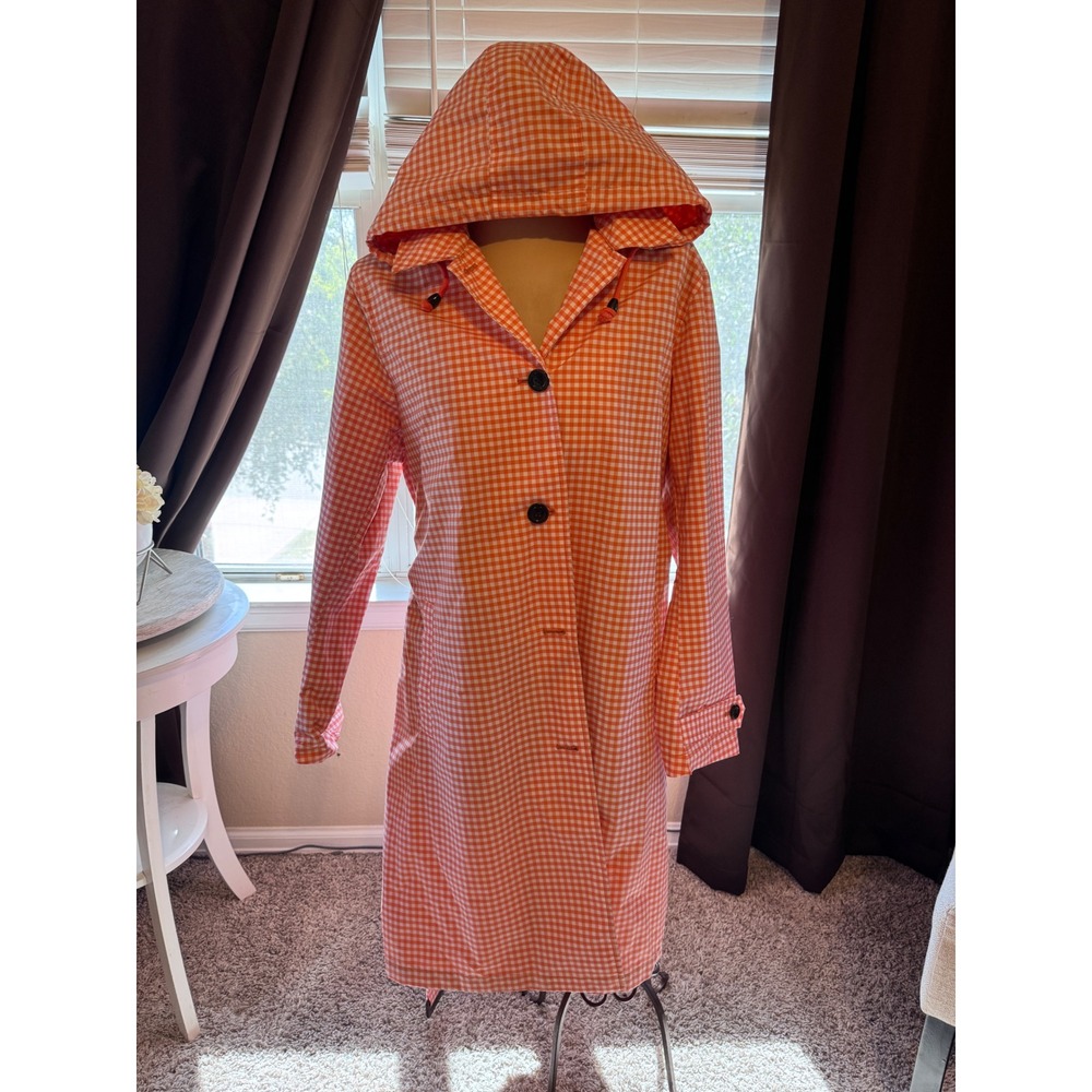Lands End Womens Orange Gingham Hooded Belted Raincoat Trench Jacket Size M 10